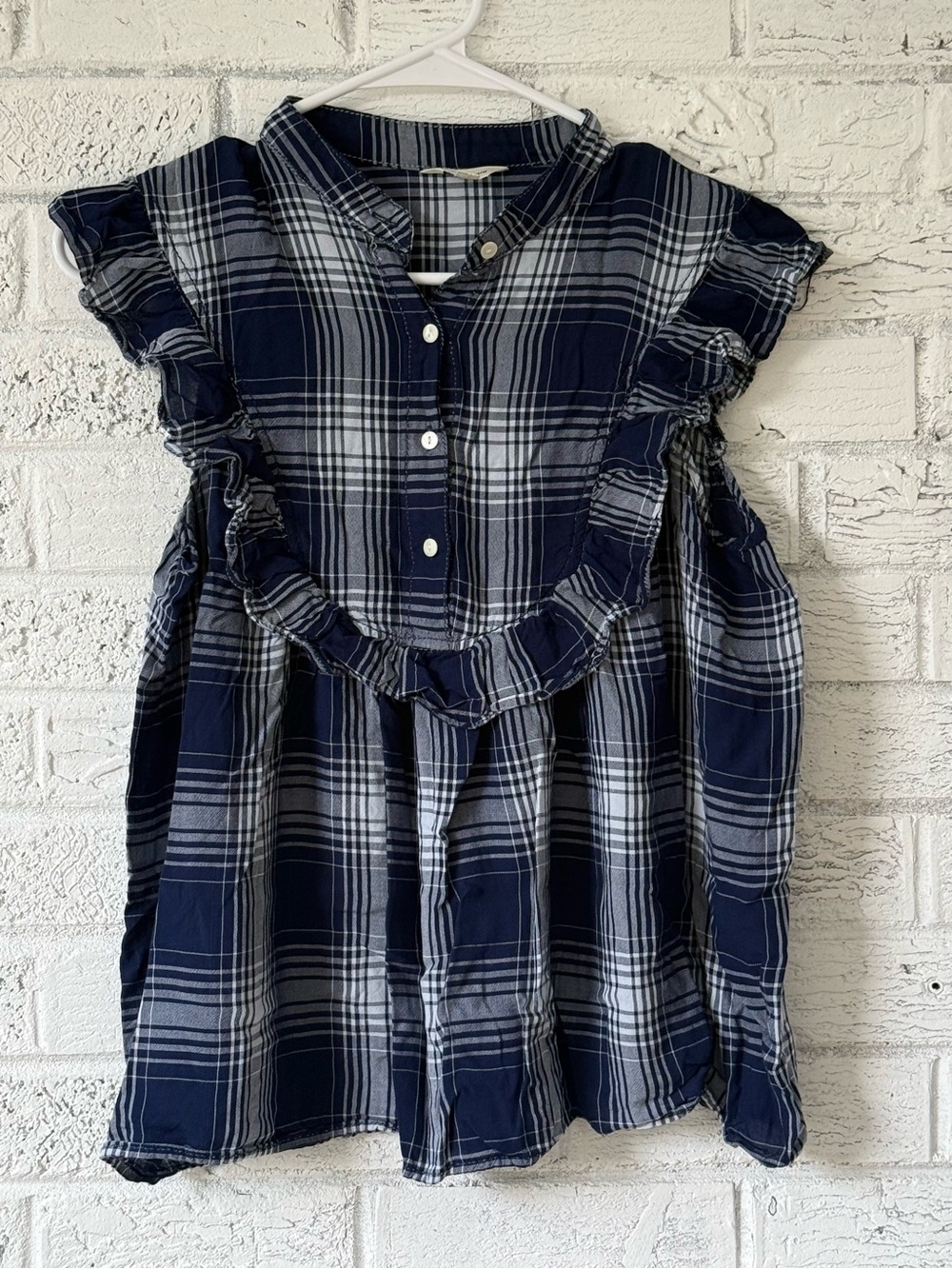 Max Studio Navy and White Plaid Ruffle-Trim Women’s Size S | 0050